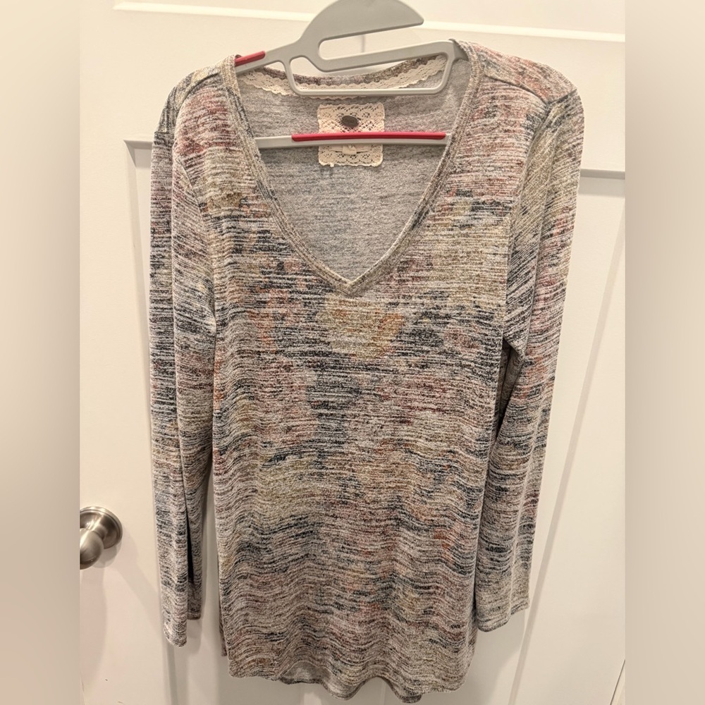 Cupio Marled Knit V Neck Top Size Large Long Sleeve Soft Stretch